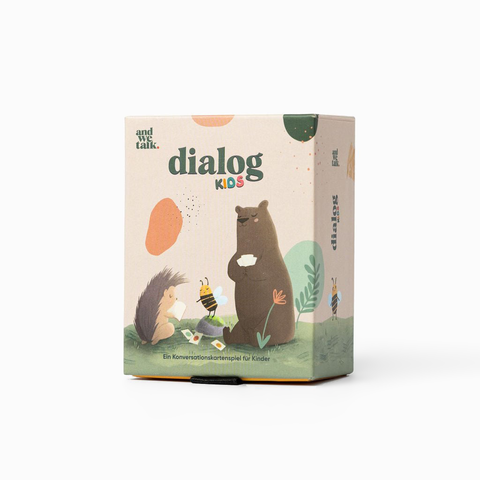 Schachtel des Kinder-Gesprächskartenspiels Dialog Kids
